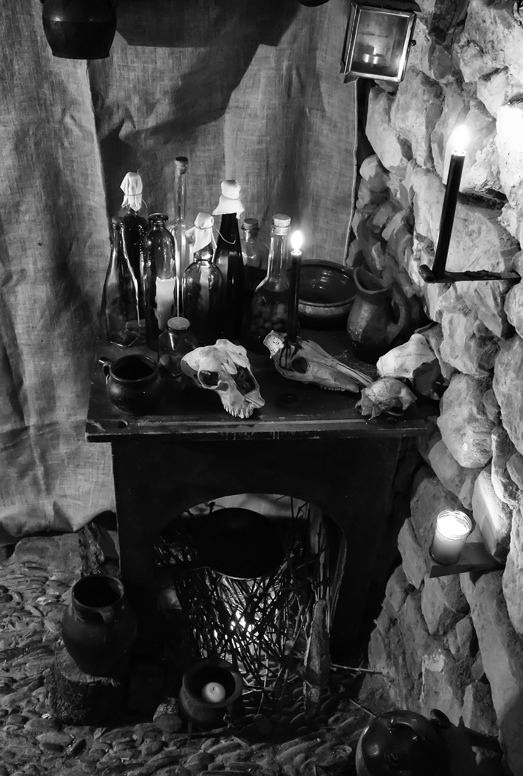 Witchcraft potions and ointments at home horror, black