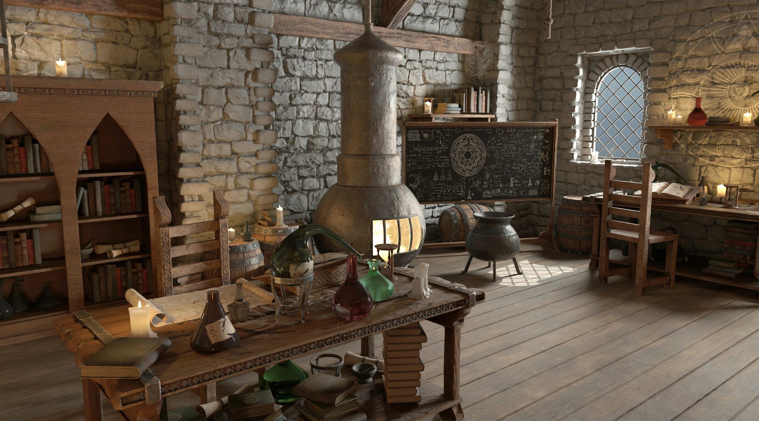 Fantasy alchemist's laboratory 3d illustration