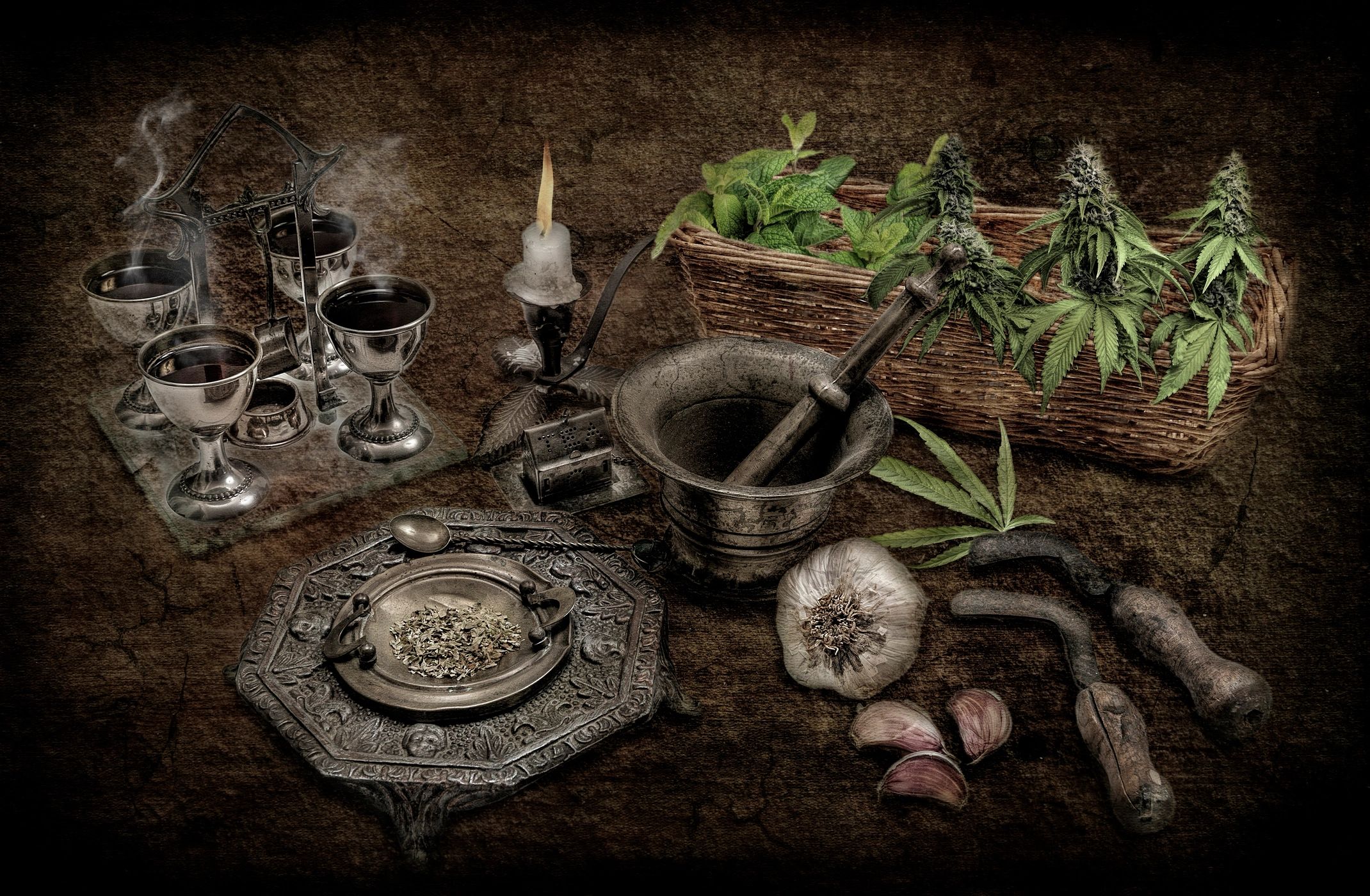 Still life of herbalist products and tools