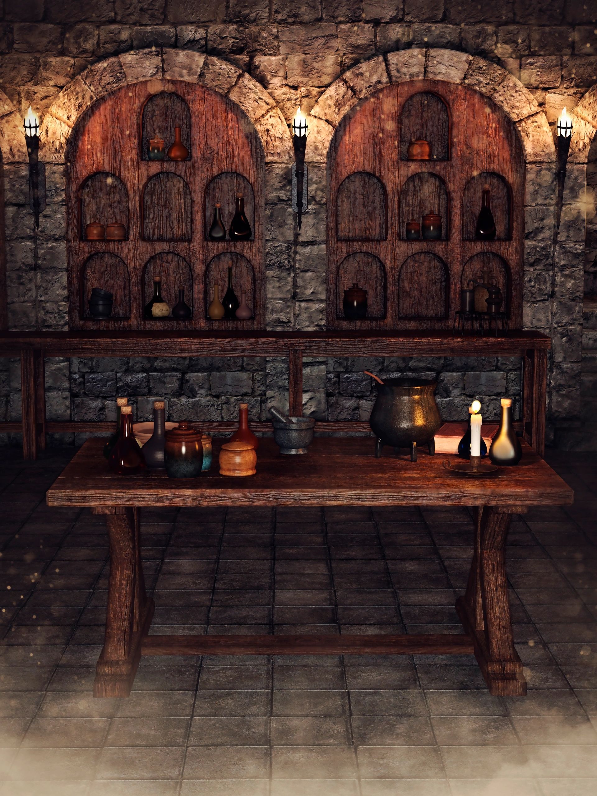 Fantasy scene with a table with many alchemical