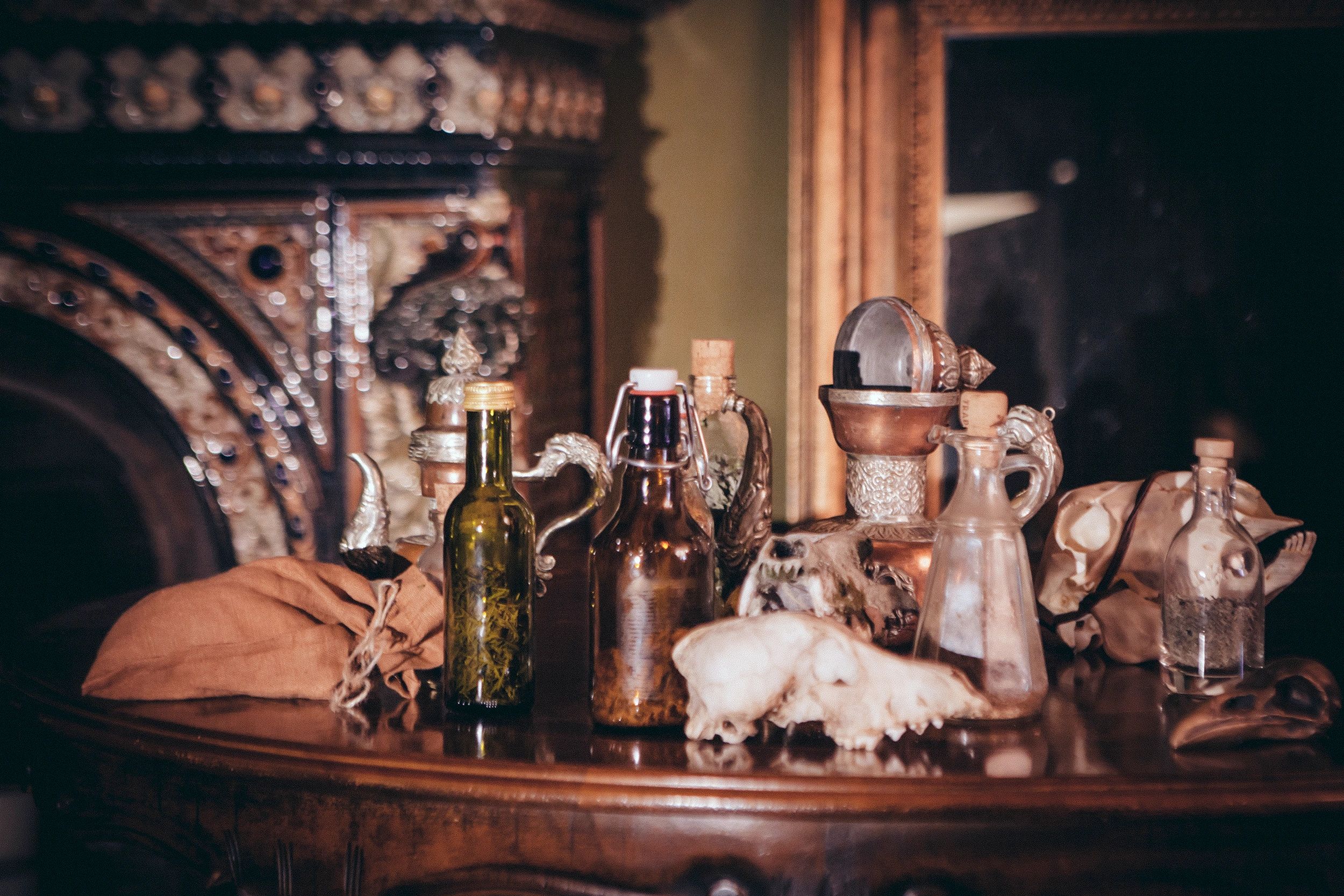 vintage still life with antique teapots , animal