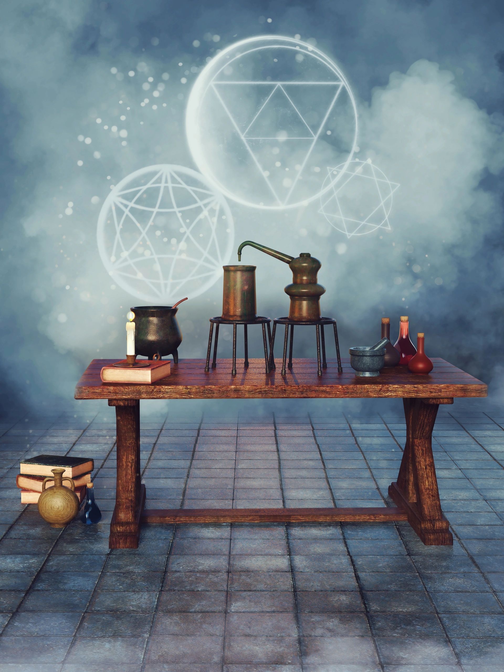 Fantasy alchemical objects on the table and shining