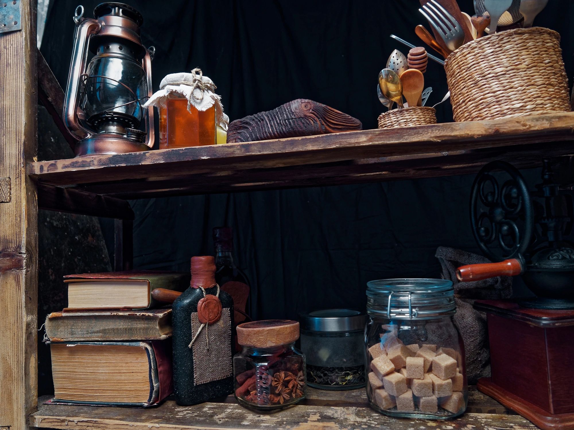 Vintage shelf with tea and coffee, honey and